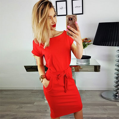 Solid O-neck Short Sleeves Lacing Dresses