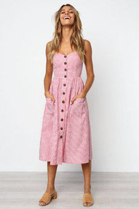 Casual linen and cotton summer dress with button stripe print