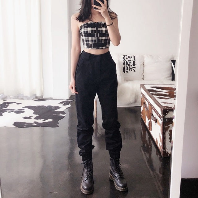 Spring vintage chain black cargo pants