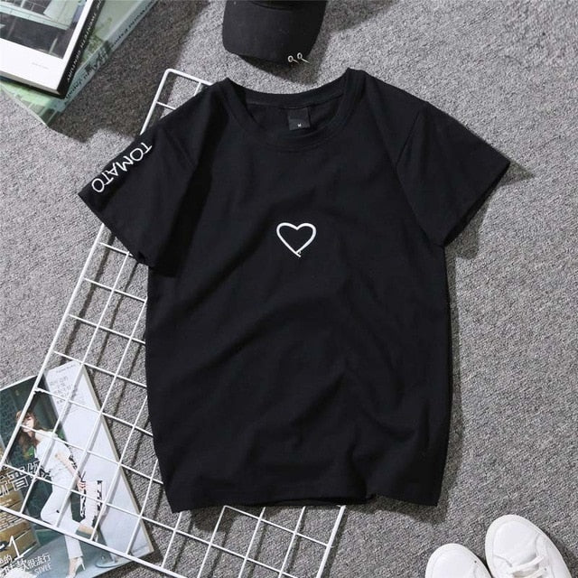 Love Heart Embroidery Print T-Shirt